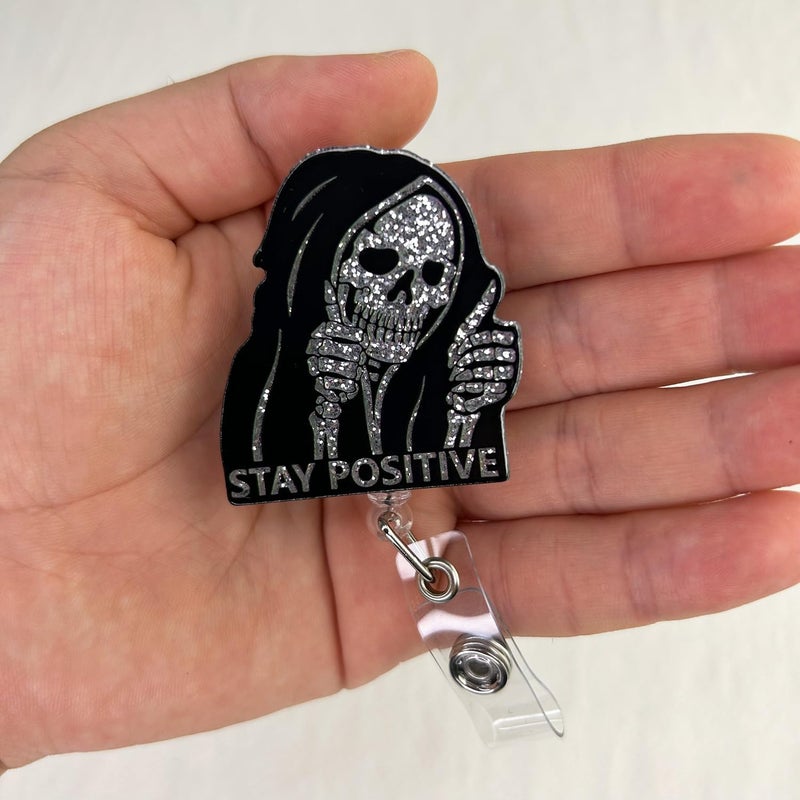 LEBEIGHT Funny Halloween Badge Reel Retractable for Nurse Doctor Healthcare Worker & Nursing Student | Stay Positive Horror Spooky Badge Holder with Alligator Clip & 24”Durable Nylon Retractable Cord | Acrylic - Image 3